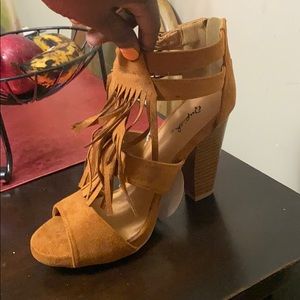 Camel colored block heel with fringe